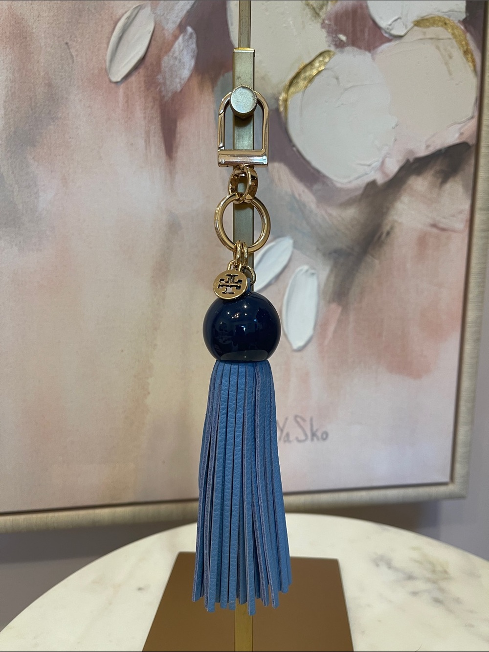 NWOT Tory Burch Blue Leather Tassel Keychain/Purse Charm with Navy Bead